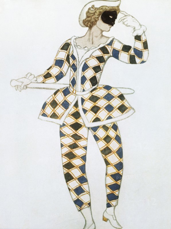 Costume design for Harlequin from The Sleeping Princess, by Leon Bakst. Russia, 1921