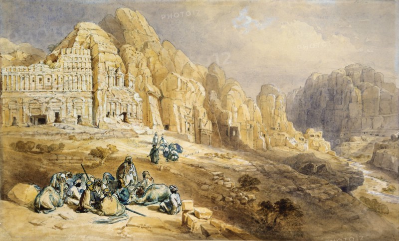 Principal range of tombs, by W.H.Bartlett. Jordan, mid-19th century
