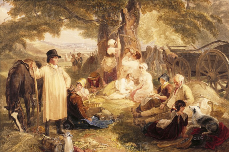 Haymakers at Dinner, by Thomas Unwins. England, 19th century