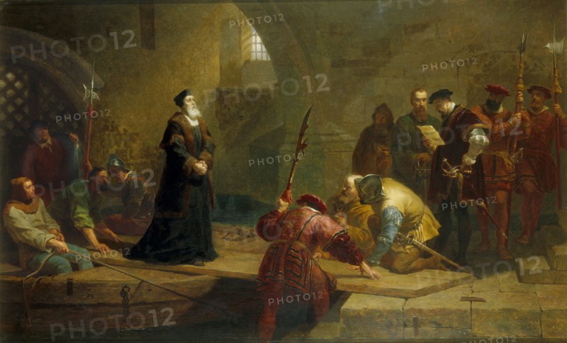 Archbishop Cranmer taken to the tower, by Frederick Goodall. England, mid-19th century