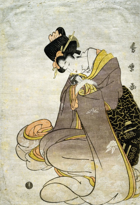 A Young Woman Fondling a Doll, by Kitagawa Hidemaro. Japan, 19th century