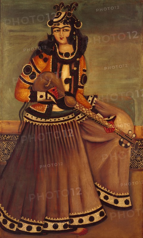 Lady sitting on a dais playing a tar. Tehran, Iran, Qajar dynasty, 19th century