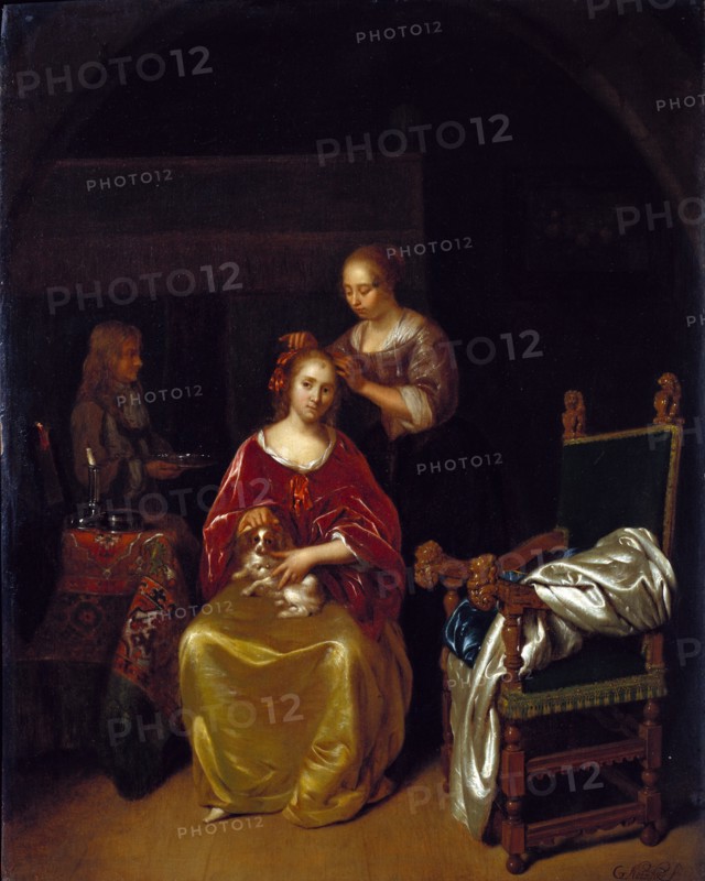 A Lady at her toilet, by Caspar Netscher. Dresden, Germany, mid-17th century