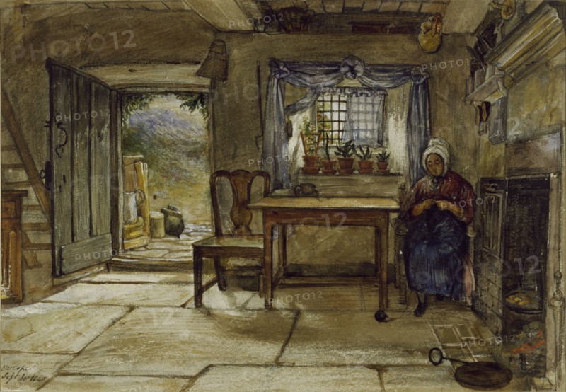 Woman in a cottage in Rievaulx, by Charles West Cope. England, mid-19th century