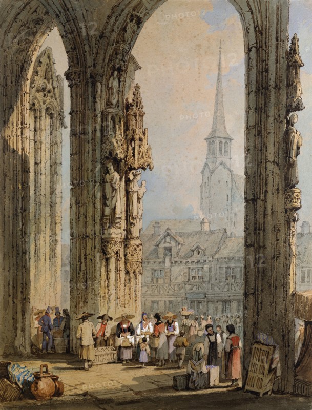Scene from a church porch, by Samuel Prout. England, 19th century