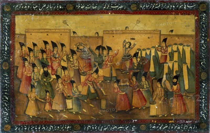 Scene depicting musicians and dancers. Bookbinding. Persia, 19th century