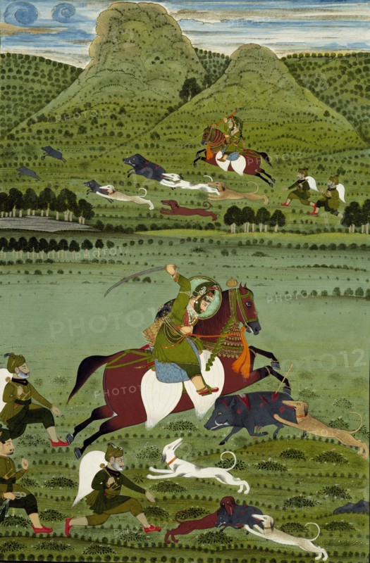 Raja Jawan Singh of Udaipur hunting wild boars. Udaipur, India, 1835