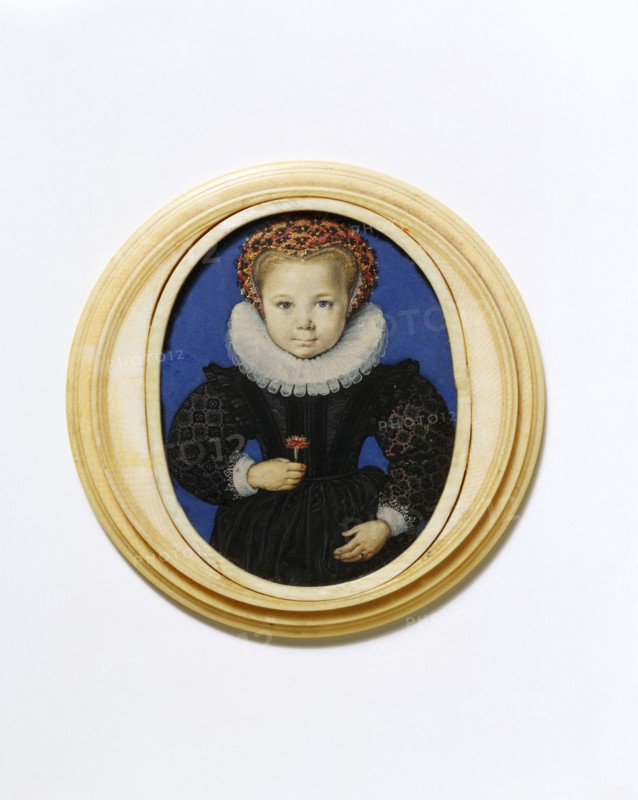 Girl aged five, holding a carnation, by Isaac Oliver. England, 16th century
