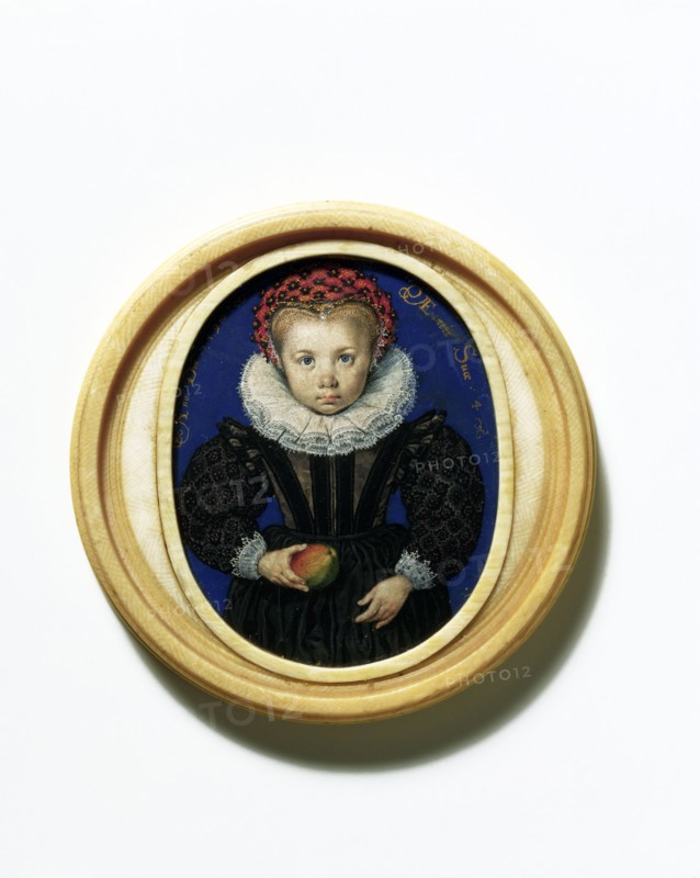 Girl aged four, holding an apple, by Isaac Oliver. England, 16th century