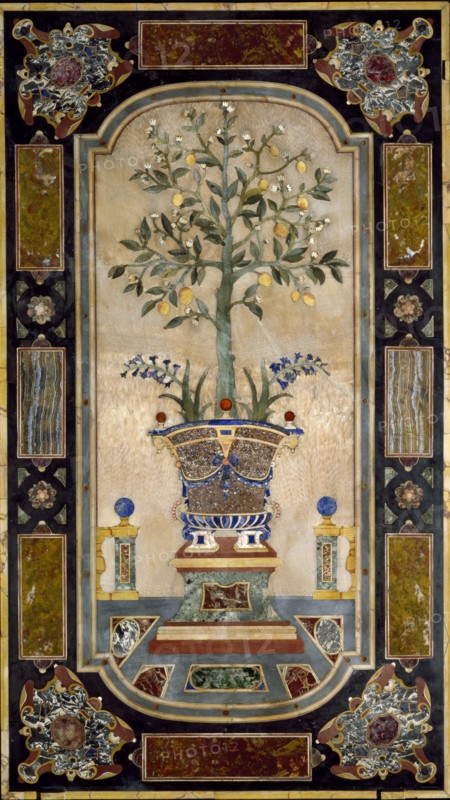 Vase with flowers and fruit, marble inlaid panel. Florence, Italy, 1675