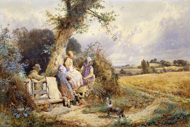 Young Gleaners Resting by a Stile, by Miles Birket Foster. England, 19th century