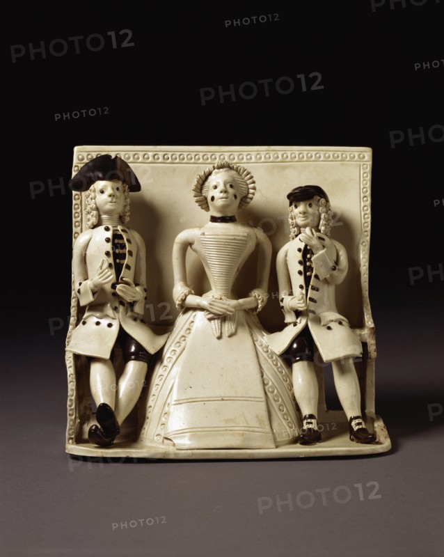 Men and woman seated on a pew, by Josiah Wedgwood. Staffordshire, England, mid-18th century