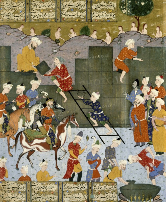 Alexander building his rampart against Gog and Magog. Shiraz, Iran, 16th century