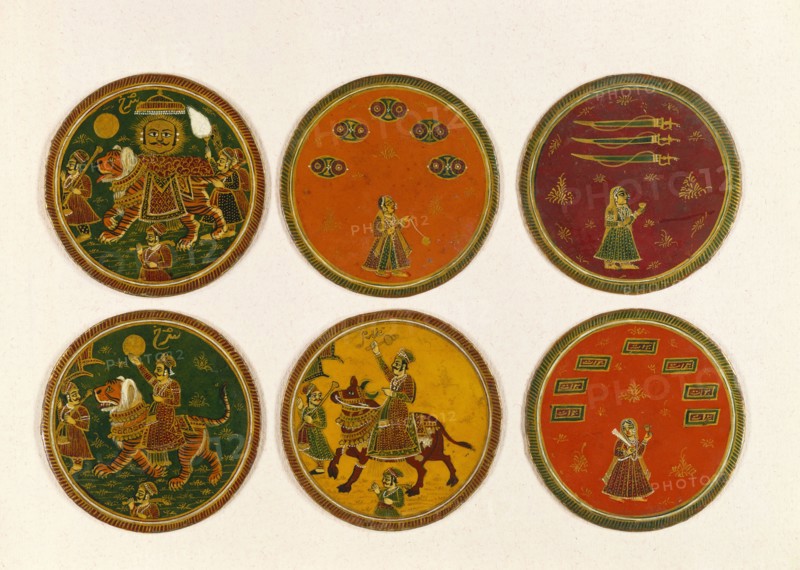Six Ganjifa playing cards. Kashmir, India, late 19th century