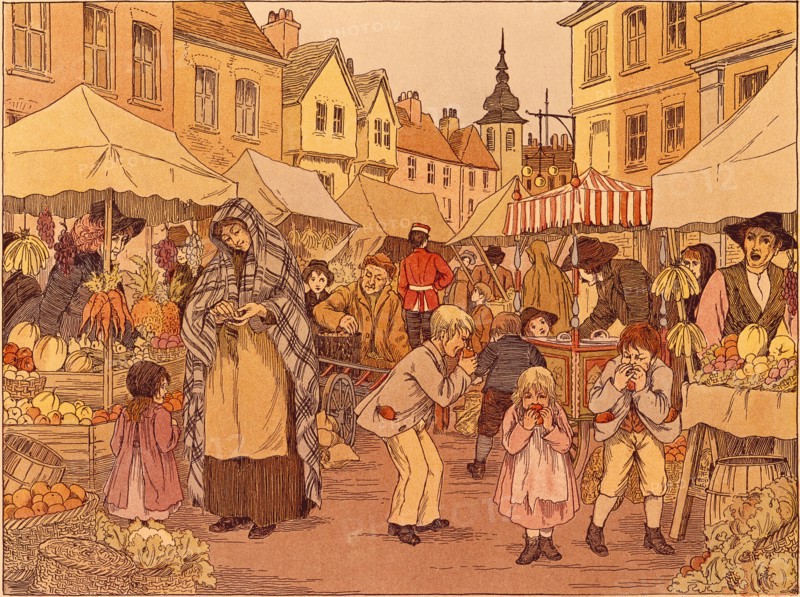Fruit Stalls, illustration by Francis D. Bedford. England, 1899