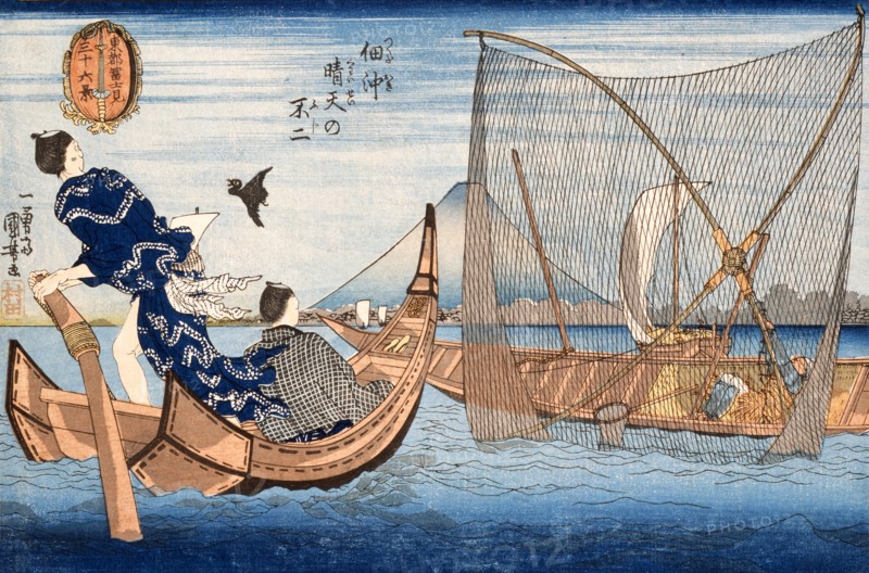 Fine view of Mount Fuji from Tsukudajima, by Utagawa Kuniyoshi. Japan, 19th century