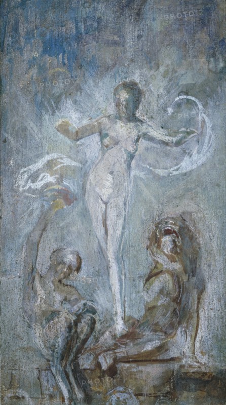 Standing female nude between a lion and a satyre, by Sir Alfred Gilbert. England, 20th century
