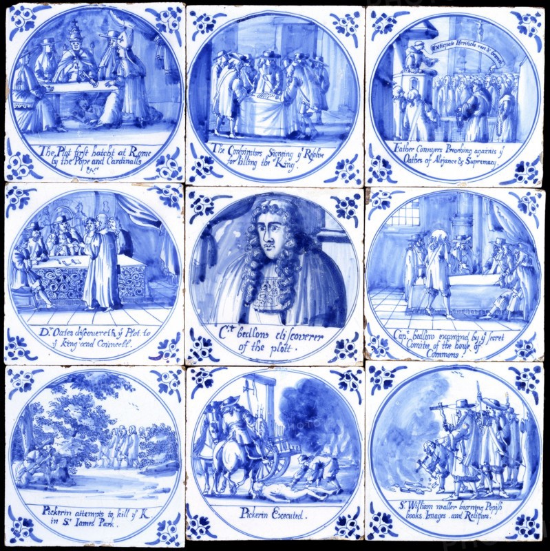 Nine tiles depicting the Popish Plot. London, England, late 17th century