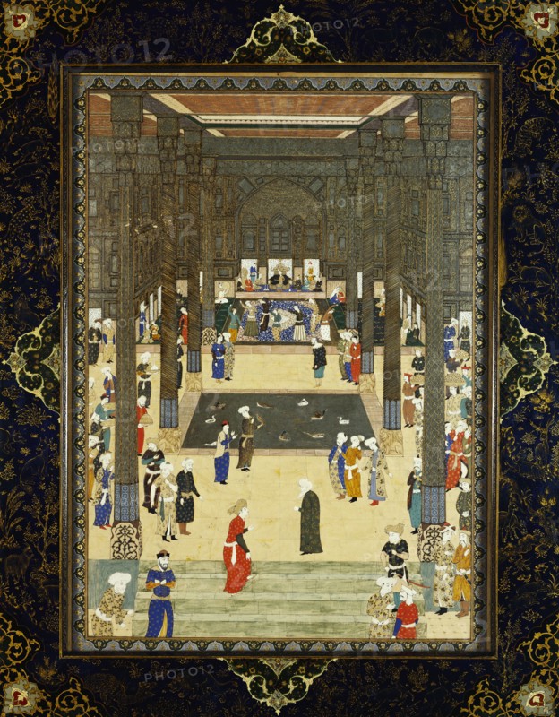 Miniature painting of a court scene, by Haj Al Mulk. Iran, 20th century