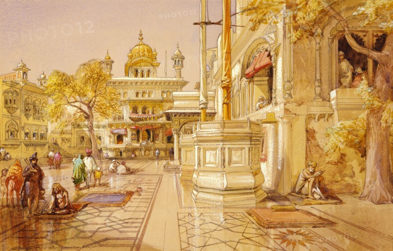 Akal Boonga at the Golden Temple at Amritsar, by William Simpson. Punjab, India, 19th century