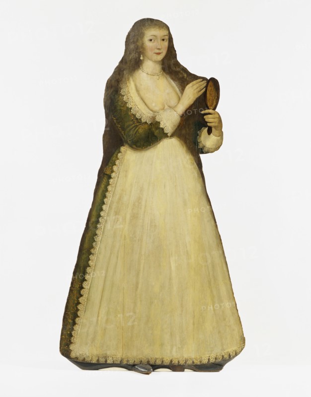 Woman holding a mirror. Kent, England, 17th century