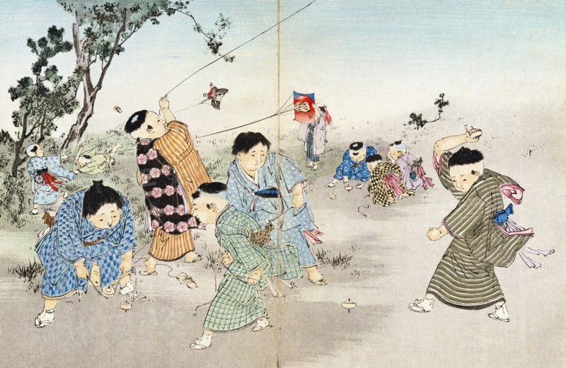 Boys playing with spinning tops & flying kites. Tokyo, Japan, 20th century