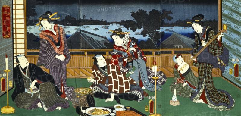A wonderful evening view of Ryogoku, by Utagawa Kunisada. Japan, 19th century