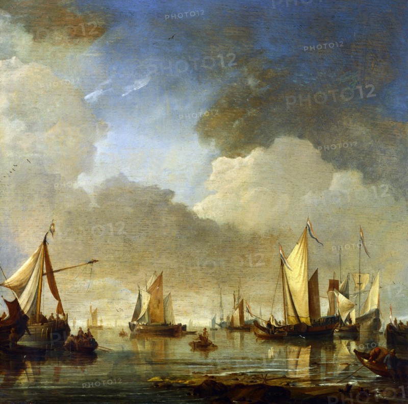 Large Ships and Boats in a Calm, by Willem Van De Velde. The Netherlands, 17th-18th century