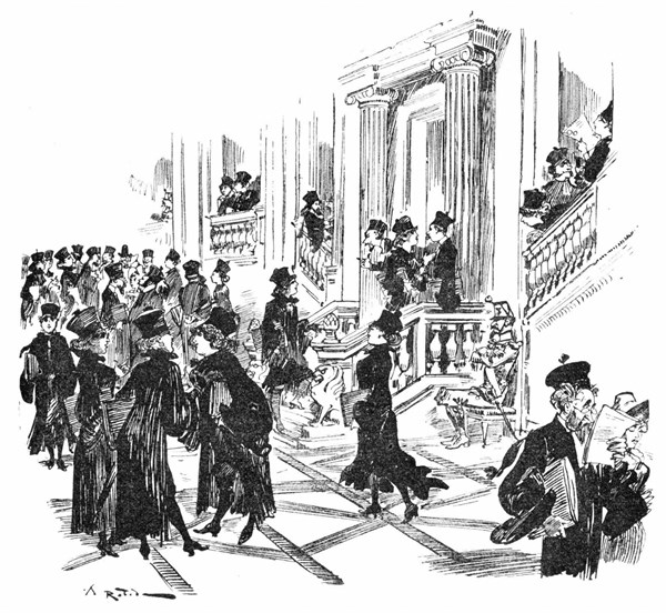 La salle des pas perdus au Palais de Justice, caricature