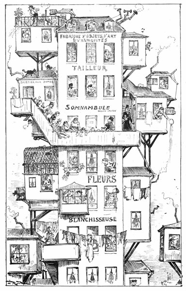 Maison de 18 étages en papier aggloméré, illustration de Robida