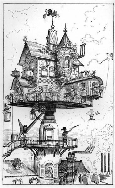Maison tournante aérienne, illustration de Robida