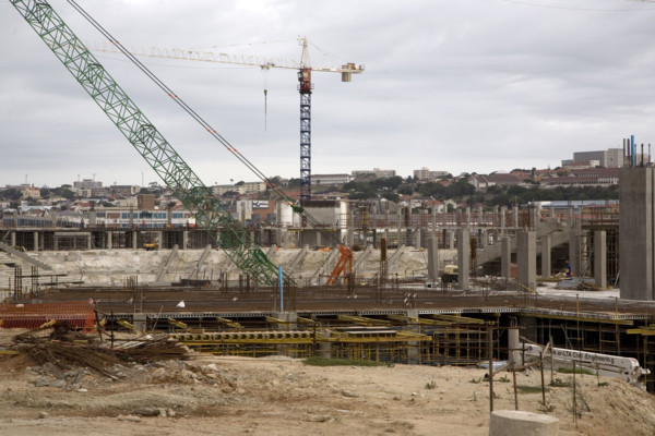 Construction of the Nelson Mandela Bay Stadium in Port Elizabeth is underway. The stadium in the