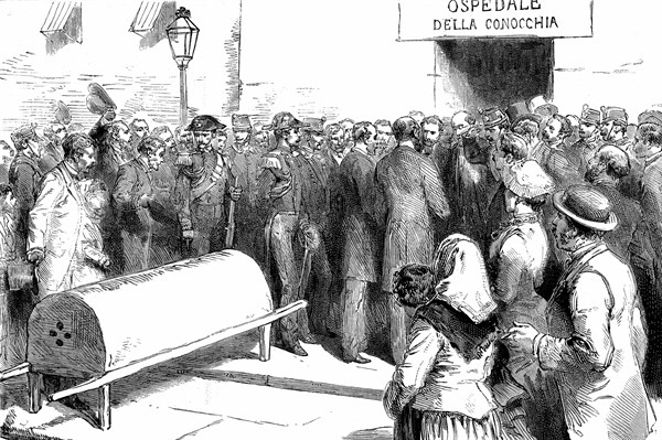 Cholera epidemic in Naples: government ministers visiting a hospital