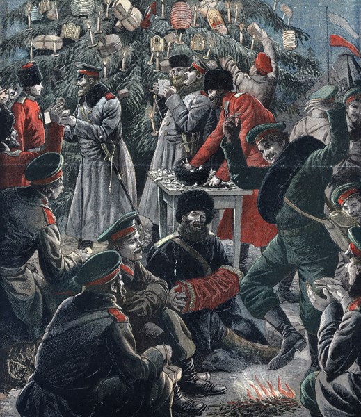 Guerre russo-japonaise (1904-1905)
Soldats russes fêtent Noël, près de Moukden
In "Le Petit Journal", du premier janvier 1905, Paris
Illustration en couleurs