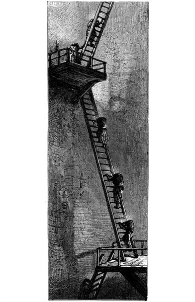 Femmes grimpant à l'échelle pour porter du charbon jusqu'au puits de mine