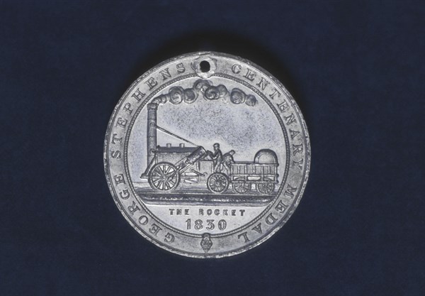 Face d'une médaille commémorative représentant la locomotive "Rocket"