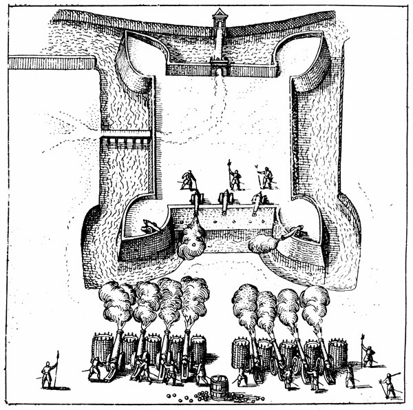 Gunners laying siege to moated and fortified enclosure. Robert Fludd. 1617-19
