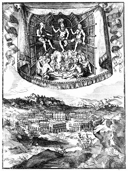 Gravure sur cuivre représentant le chef Wahunsonacock et un village fortifié de Virginie et de l'est de la Baie de Chesapeake