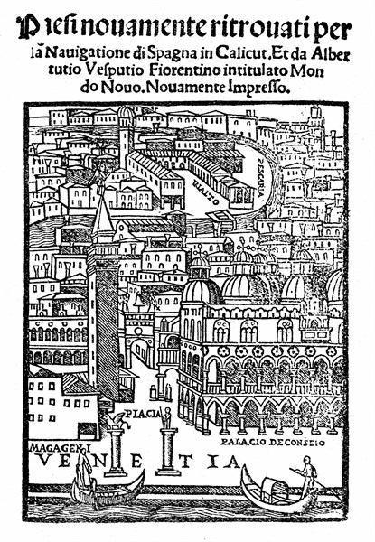 Gravure représentant la page des récits de voyages de Vespucci, 1521