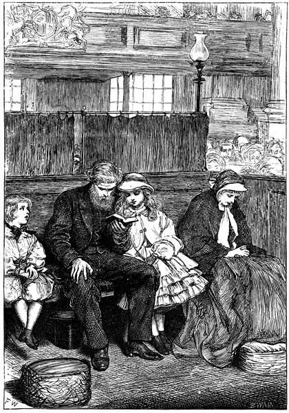 Gravure représentant une famille sur le banc d'une église au service du dimanche, publiée en 1862