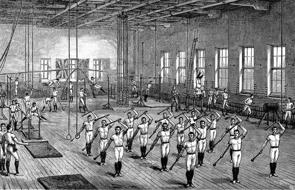 Engraving showing the Young Men's Christian Association exercising in a gymnasium