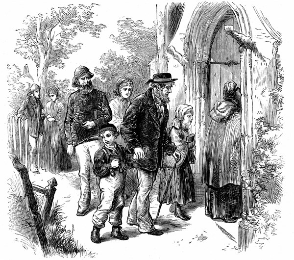 Engraving showing villagers from a fishing community going to church on Sunday