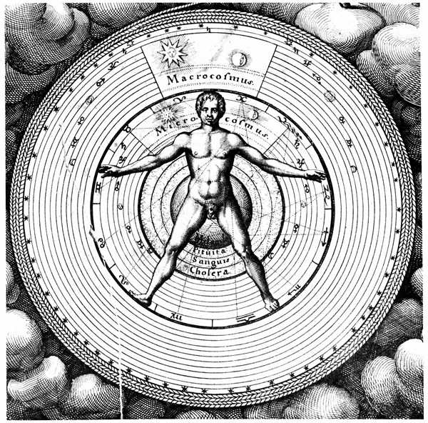 Engraving showing man, the microcosm, and the universe, the macrocosm