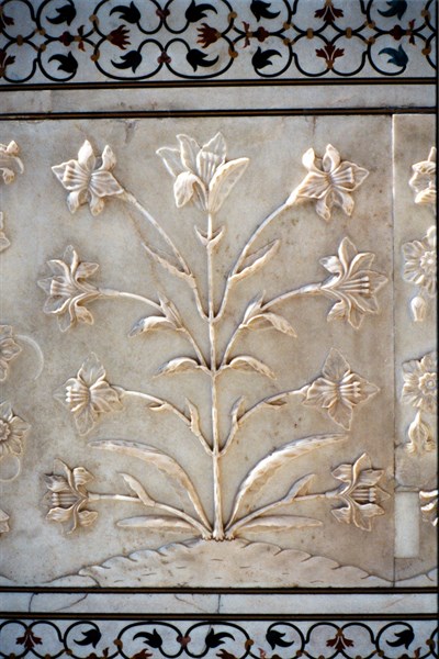 Photographie showing an engraving on one of the walls of Taj Mahal; marble carving of lily
