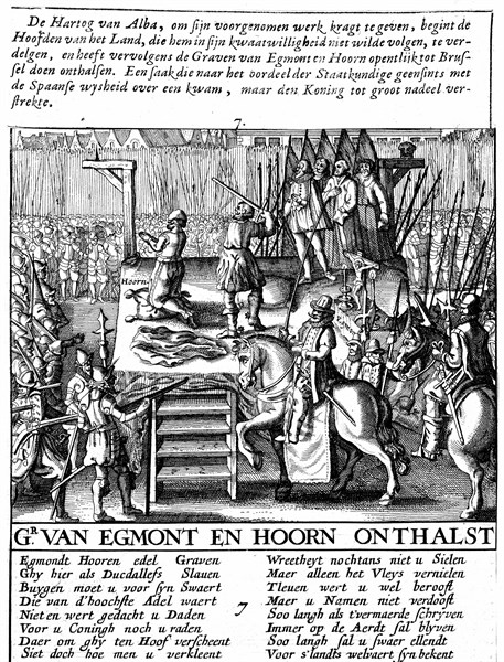 Decapitation des comtes d'Egmont et de Hoorne a Bruxelles au cours de la tyrannie des espagnols aux Pays-Bas.