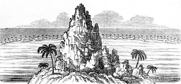 Woodcut showing a coral island and circling coral reef creating a lagoon