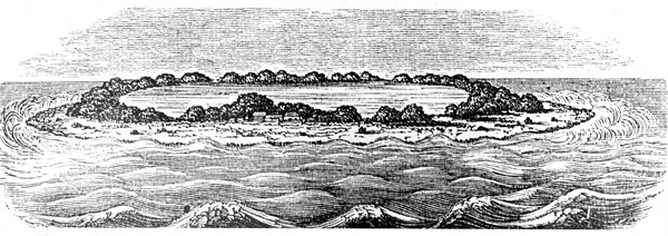 Engraving showing a coral reef creating a lagoon