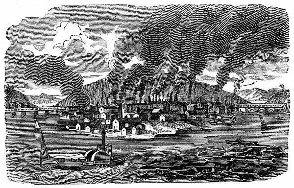 General view of Pittsburgh, Pennsylvania, showing smoke pouring from the chimneys of the numerous foundries and rolling mills