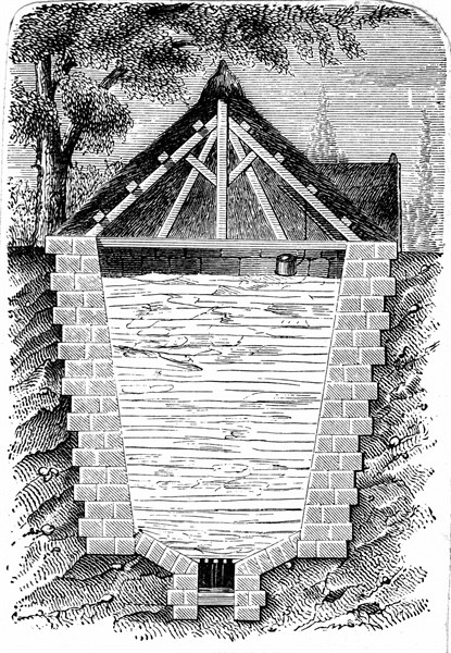 Systeme de refrigeration : schema de coupe d'une glaciere aux parois de brique, creusee dans le sol