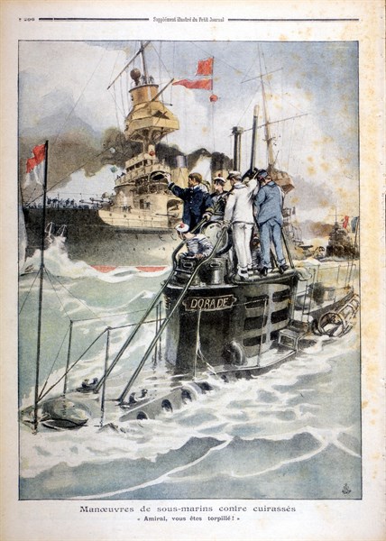 French naval exercises: Submarine Dorade surfacing to tell ironclad that she has been 'sunk'
